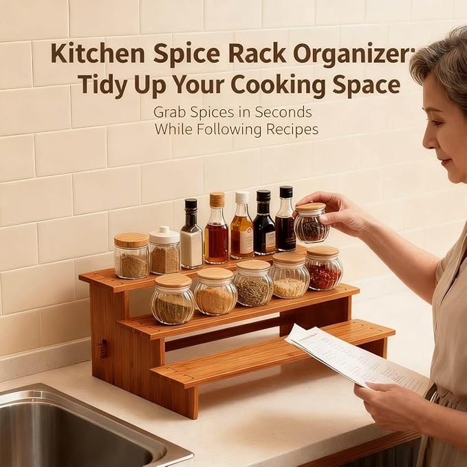 JinDoWin Cabinet Spice Organizer, Spice Organization for Cabinet, 3 Tier Spice Rack Organizer for Cabinet, Seasoning Organizer & Seasoning Rack, Kitchen Cabinet Organizer (1, Dark Bamboo) - Image 5