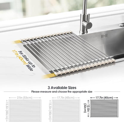 Tomorotec 17.7" x 12.5" Roll Up Dish Drying Rack Over Sink Drying Rack Sink Cover Kitchen Sink Accessories Gadget Multipurpose Organizer Foldable Stainless Steel Drainer - Image 4