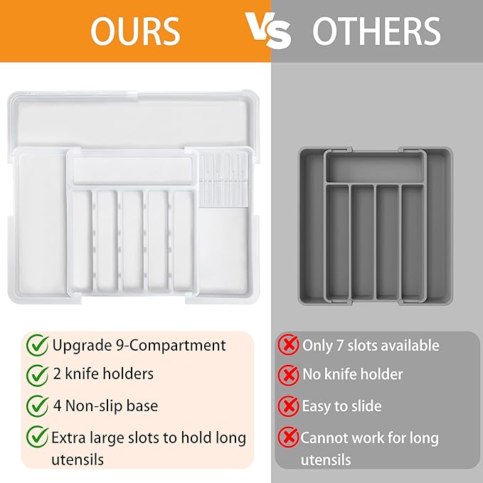 Homecor Silverware Organizer for Kitchen Drawer, Expandable Utensil Drawer Organizer with 2 Knife Block, Flatware and Cutlery Holder, Adjustable Plastic Storage for Spoons Forks Knives - Image 3