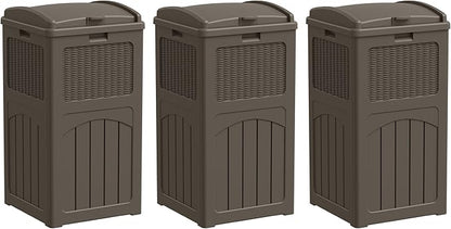Greesum 33 Gallon Outdoor Trash Can with Lid, Waterproof Resin Garbage Bin for Hideaway, Deck, Patio, 3 Pack, Dark Brown