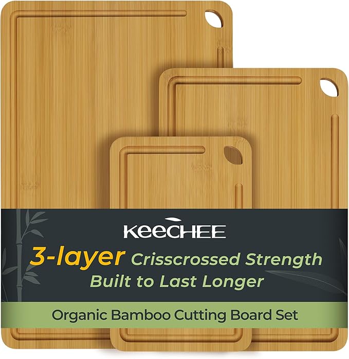 Keechee Wood Cutting Board for Kitchen - Reversible Bamboo Cutting Boards Gift Set of 3 with Juice Groove, Wooden Chopping Board for Meat, Fruit, Vegetables & Cheese (Pre Oiled, Natural) by Keechee