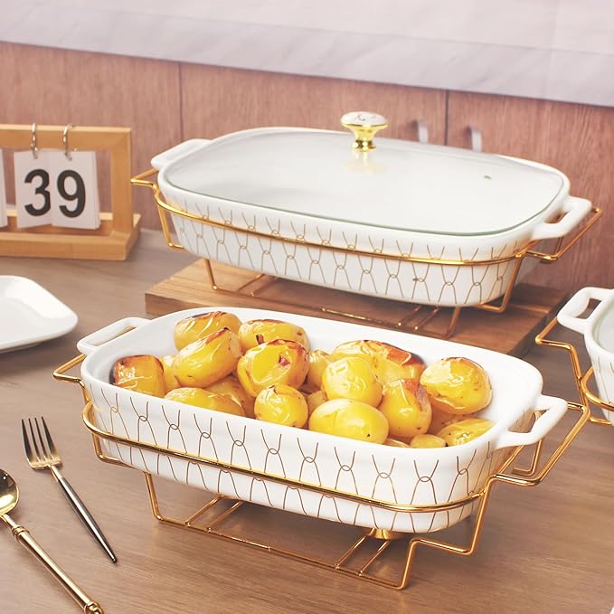 10" x 7" Ceramic Casserole Dish with Glass Lid and Rack, 40 ounce Serving Soup Tureen,Chafing Dish for Buffet, Family Food preserve Tray, Catering Casserole for Party Style, White