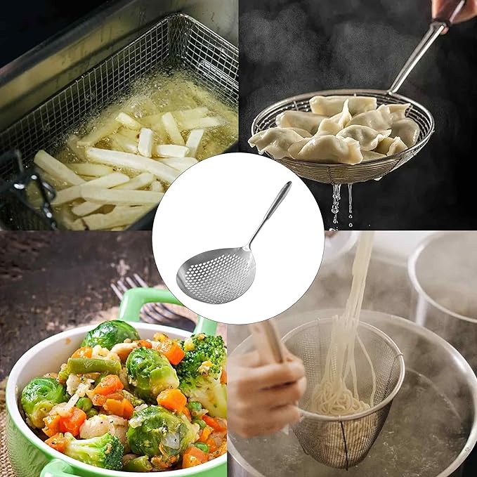 Stainless Steel Skimmer Slotted Spoon, Spider Strainer Ladle with Long Handle for Cooking, Draining Pasta, Deep Frying(Stainless Steel Handle)