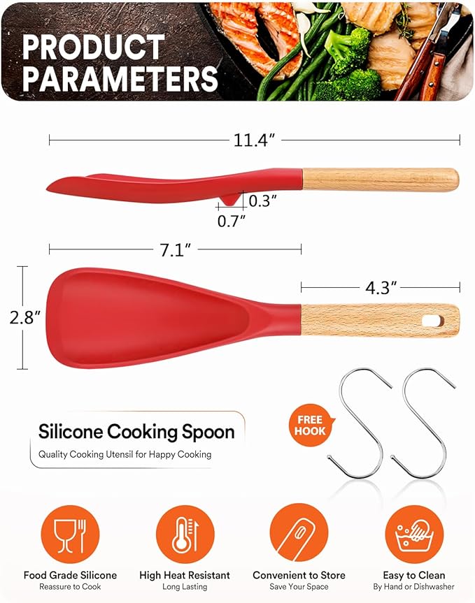 Cooking Spoon for Nonstick Cookwares, Great for Cooking and Serving Sturdy BPA-Free Matte Silicone, Wood Handle Spoon for Mixing, Scoop, and Scrape (2 Pack of Red, 11.4 inch) - Image 2