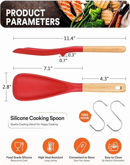 Cooking Spoon for Nonstick Cookwares, Great for Cooking and Serving Sturdy BPA-Free Matte Silicone, Wood Handle Spoon for Mixing, Scoop, and Scrape (2 Pack of Red, 11.4 inch) - Image 2