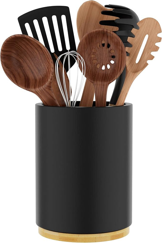 Black Utensil Holder Wood Kitchen Utensil Holder for Countertop, 360°Rotating Cooking Utensil Crock for Counter, 7.2" Large Utensil Organizer for Spatula Kitchen Decor by Segtenant