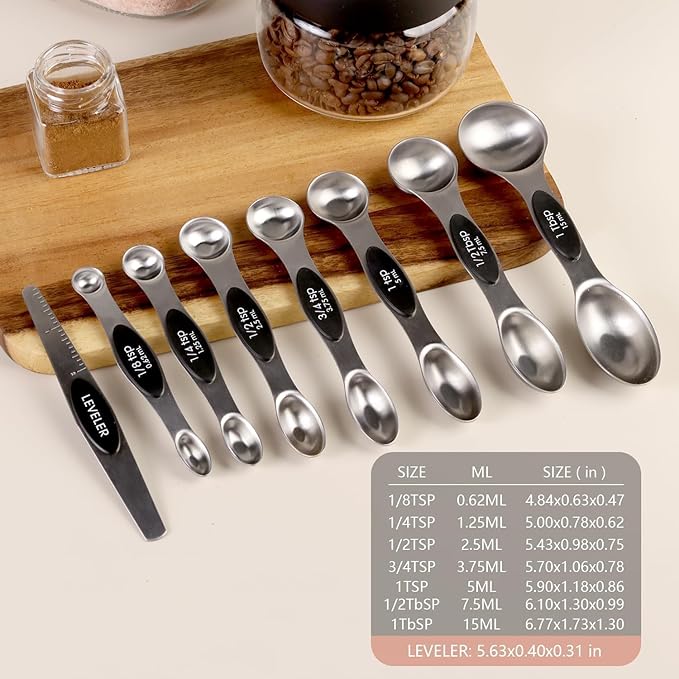 ChefAide Pack of 8 Stainless Steel Magnetic Measuring Spoons Set, Dual Sided, Stackable, Adjustable Teaspoon and Tablespoon Measure Spoon with Leveler, Kitchen Gadgets Set 5 - Image 3