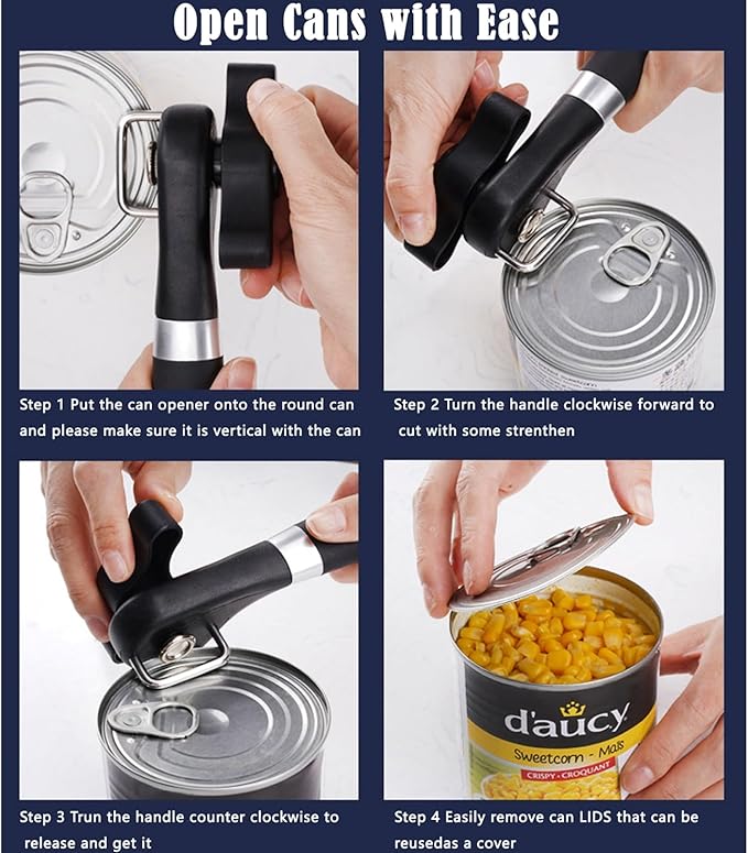 Side Cut Can Opener Smooth Edge, Safety Can Opener with Durable Sharp Blade, Big & Soft Turn Knob & Comfortable Non-Slip Handle, Black - Image 5