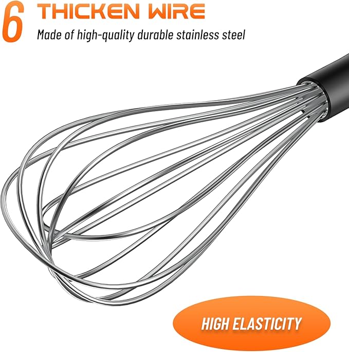 NileHome Silicone Whisk Set 8" 10" Kitchen Whisk Kitchen Wisk Wire Whisks for Cooking, Whisking, Blending, Beating, Stirring-Black Silver - Image 3