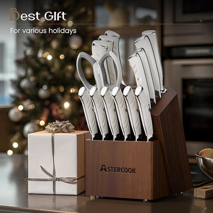 Knife Set, Astercook Kitchen Knife Set with Block, 15 Pcs Luxurious High Carbon German Stainless Steel Knives Set with Full Tang Ergonomic Handle, Dishwasher Safe Knife Set with Sharpening Rod