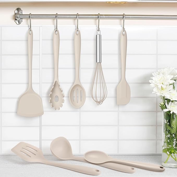 TeamFar 8 PCS Silicone Cooking Utensils - 446°F Heat Resistant Kitchen Silicon Utensils Set, Turner, Spatula, Spoon, Whisk, Kitchen Cooking Gadgets Tools for Nonstick Cookware, Dishwasher Safe-Khaki - Image 7