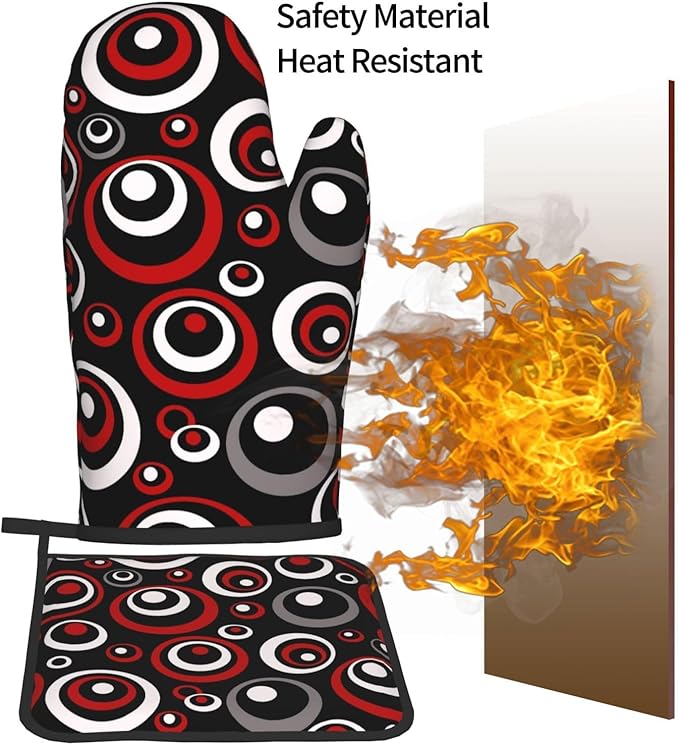 Retro Red Circles Oven Mitt and Pot Holder Set (3-Piece) - Heat Resistant Non-Slip Modern Geometric Gloves Gift for Chef Cooking Baking Grilling BBQ Lovers, Stylish Kitchen Decor, Red White Black Grey - Image 7
