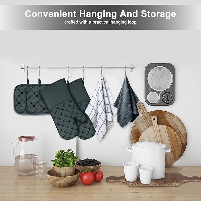 Oven Mitts Kitchen Towels Dishcloths with Pot Holders Sets 12PCS,Dish Towels Sets,Oven Gloves Pot Pads Heat Resistant 500 Degrees with Non-Slip Silicone Surface for Cooking Baking Grilling-Deep Green - Image 7
