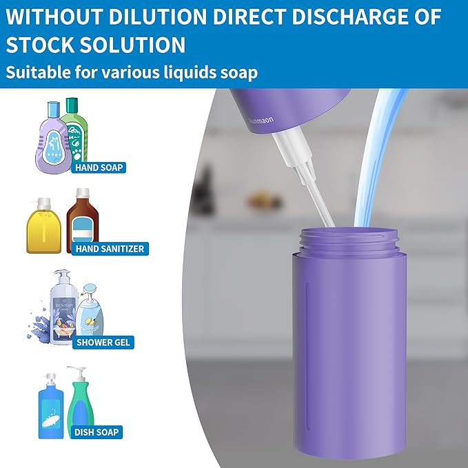 Aunmaon Automatic Soap Dispenser Touchless, Hands-Free, Multi Adjustable Volume, Long Battery Life, Compatible with Thick & Thin Dish/Hand Soap for Bathroom and Kitchen, Easy for Toddlers, Purple - Image 3