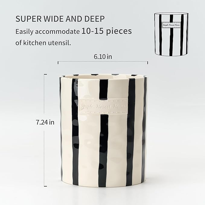 JIEMEI HOME Kitchen Utensil Holder, 7.2" Ceramic Stable Utensil Crock for Countertop, Modern Minimalism Style Cooking Tool Organizer with Cork Mat, Spatula Holder For Kitchen Decor, Black stripes - Image 2