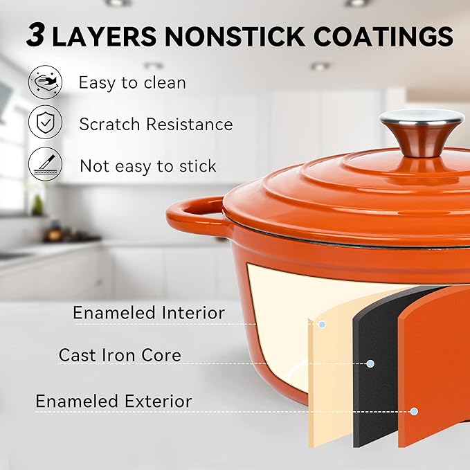 Miereirl 4.5 Quart Enameled Dutch Oven Pot with Lid, Cast Iron Dutch Oven with Dual Handles for Bread Baking, Cooking, Non-stick Enamel Coated Cookware (Orange) - Image 6