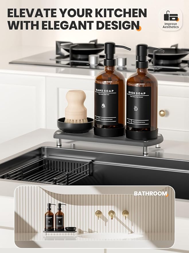[Luxury] Kitchen Soap Dispenser Set - 16OZ Amber Glass Bottle, Stainless Steel Pump, Instant Dry Tray, Waterproof Labels, Non-Slip Silicone Pad, and Dish Brush | Upgrade for Your Kitchen and Bathroom - Image 5