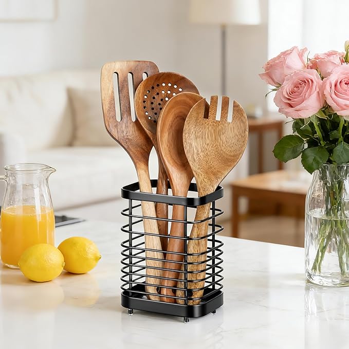 Utensil Holder, Stainless Steel Utensil Drying Rack for Kitchen Counter, Silverware Cutlery Flatware Holder Forks, Knives, Spoons, Chopsticks Organizer (Black) - Image 5