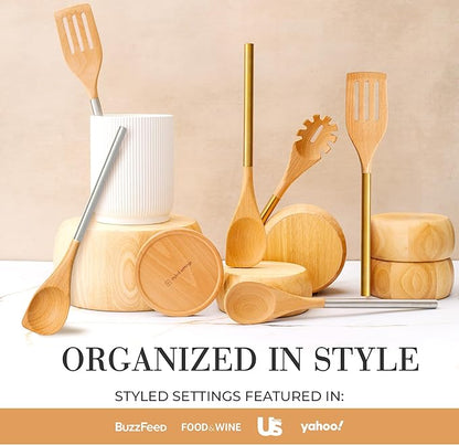 STYLED SETTINGS White Ceramic Utensil Holder with Built-In Wooden Spoon Rest –2PC Set for Kitchen Countertop Organization – Ceramic Utensil Crock & Wood Spoon Rest for Clean, Stylish Cooking - Image 6