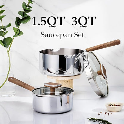 CAROTE1.5Qt & 3Qt Stainless Steel Saucepan Set, Triple Ply Stainless Steel Pot, Saucepan with Glass Lid, Small Sauce Pot with Wooden Handle, Easy Pour Rim - Image 2