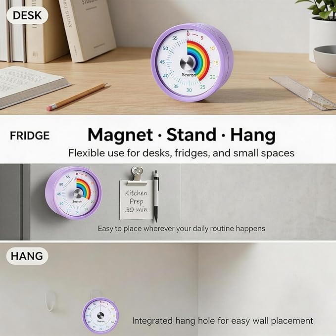 Searon Visual Timer for Kids with Magnet, Quiet 60 Minute Countdown Timer with Rainbow Disk, Sound or Silent LED Alert, for Homework, Reading, Study Time, Kitchen & Small Spaces (Purple)