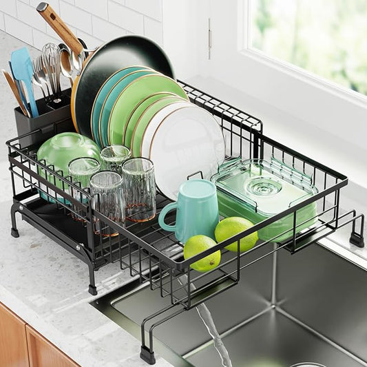 Swedecor Extendable Dish Drying Rack - Compact Dish Rack for Kitchen Counter, Over-The-Sink Dish Strainer with High Enclosed Fence, 360° Swivel Drain Spout, Rustproof, 10"–18.9" L × 15.6" W, Black