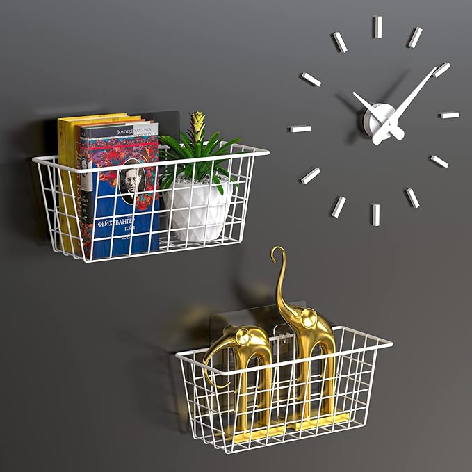 MaraFansie Wall Wire Baskets Bin No Drilling Adhesive Hanging Baskets Wall Mounted for Cabinet & Pantry Organization and Kitchen, Bathroom, Bedroom Storage, 2 Pack, White - Image 9