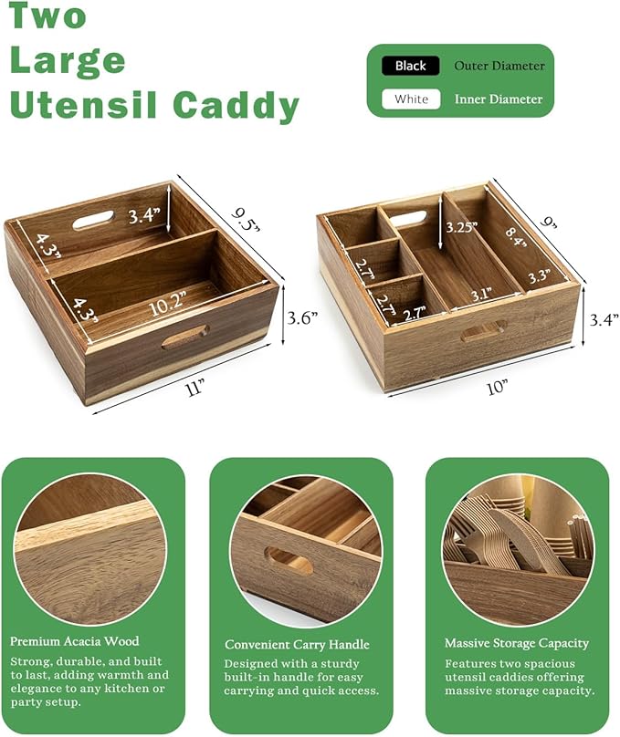Acacia Wood Utensil Holder for Party (Set of 2) - 11" x 9.5" Utensil Caddy for Parties & Silverware Caddy for Countertop - Holds Plates, Napkins, Cups, Spoons, Forks - Kitchen Accessories - Image 3