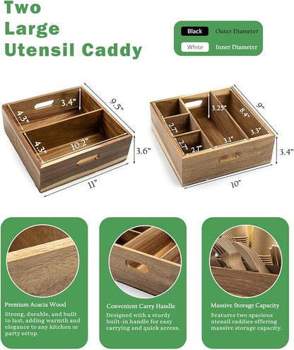 Acacia Wood Utensil Holder for Party (Set of 2) - 11" x 9.5" Utensil Caddy for Parties & Silverware Caddy for Countertop - Holds Plates, Napkins, Cups, Spoons, Forks - Kitchen Accessories - Image 3