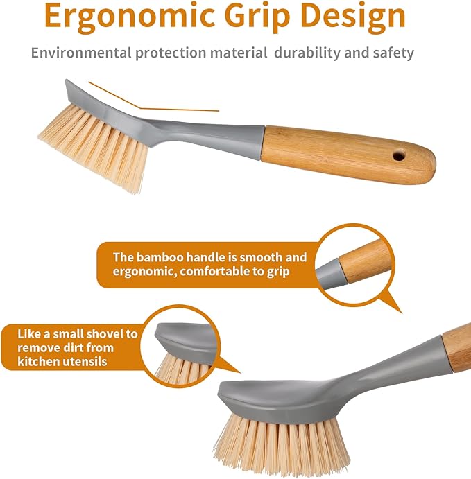 2 Pack Kitchen Dish Brush Bamboo Handle Dish Scrubber Built-in Scraper, Scrub Brush for Pans, Pots, Kitchen Sink Cleaning, Dishwashing and Cleaning Brushes are Perfect Cleaning Tools, Color-Gray - Image 4