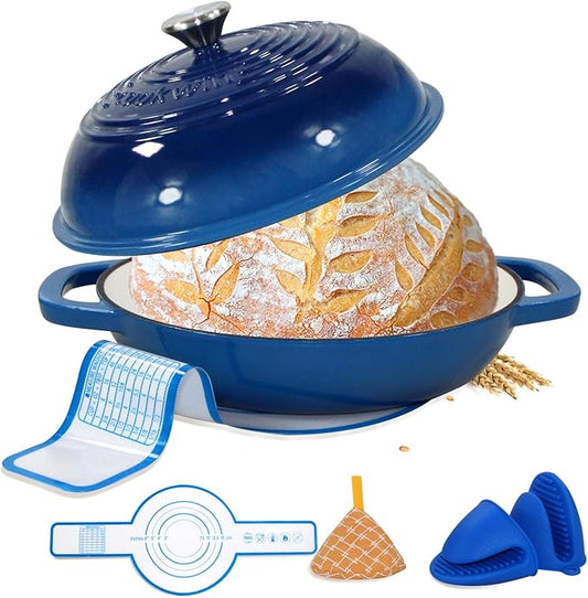 Enameled Cast Iron Bread Oven, 6 Quart Dutch Oven for Bread Sourdough Baking, 11" Thick Enamel Bread Baking Pan Kit with Lid for Stews, Roasts and Gifts for Family, Blue