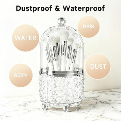 Makeup Brush Holder with Lid, Cosmetic Tools Organizer with Cover, 360° Rotating Sliding Opening Dustproof Brushes Container for Vanity, Ideal Gift for Girlfriend Wife Friends (Silver)