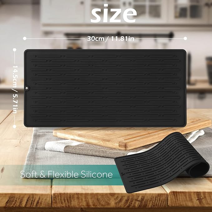 GeeRic Dish Drying Mats, Heat-resistant Silicone Mat for Kitchen Counter, Non-Slip Dish Dry Mat Dishwasher Safe Medium, Black