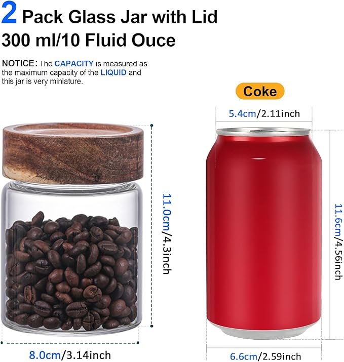 10 oz Small Glass Jars with Top Screw Lid Round Herb Coffee Bean Ground Storage Canister Clear Glass Food Container for Pantry Sugar Tea Coffee Bean Spice Nuts Cookies Bath Salts (2×300ml(10oz)) - Image 8