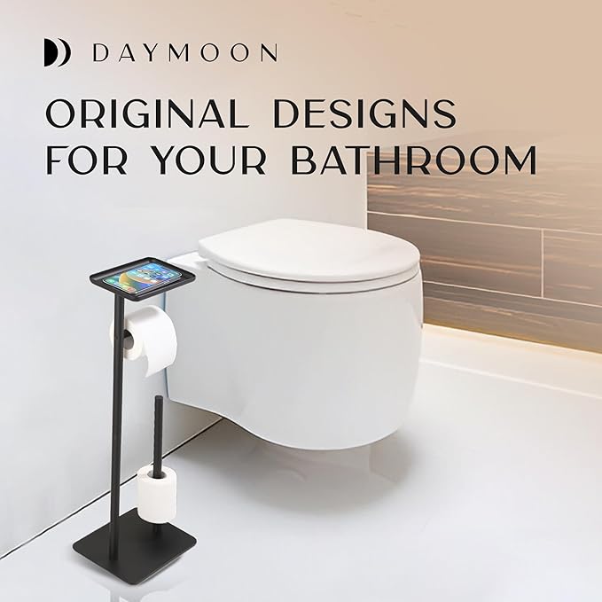 Day Moon™ - Toilet Paper Holder - Modern Roll Holder for Bathroom - 1 Pack - Free Standing - with Shelf, Black - Image 8