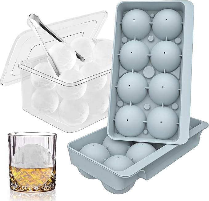 WIBIMEN Large Ice Cube Molds, Big Round Whiskey Ice Cube Trays for Freezer, Easy to Fill & Release, Whiskey Bourbon Cocktail(2.5In*8 Balls- Blue/2 Pack) by WIBIMEN