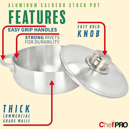 ALUMINUM CALDERO STOCK POT by Chef Pro, Durable Aluminum, Superior Cooking Performance for Even Heat Distribution, Perfect For Large/Small Groups, Riveted Handles, Commercial Grade, 28.4 Quart