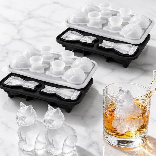 Cat Ice Cube Tray Mold - 2pcs, 3D Cat Shape Ice Cube Trays, Cute Ice Cube Molds for Whiskey Bourbon, 4-Hole Large Fun Shapes Ice Cube Trays, Funny Cats Gifts for Cats Lovers Women Men