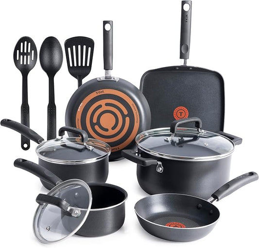 T-Fal Signature Nonstick Pots and Pans Set 12 Piece, Oven Broiler Safe 350F, Kitchen Cookware Set w/Fry Pans, Saucepans, Saute Pan, Dutch Oven, Griddle, Kitchen, Home, Dishwasher Safe, Black by T-falbrand