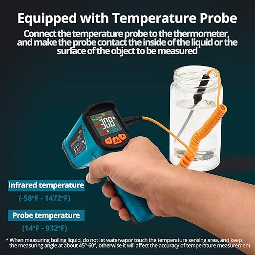 Tilswall Infrared Thermometer, -58°F to 1472°F(-50~800°C), Non-Contact Digital Laser Thermometer with Probe, Adjustable Emissivity, High/Low Temperature Alarm, for Cooking/BBQ/Freezer(NOT for Human)