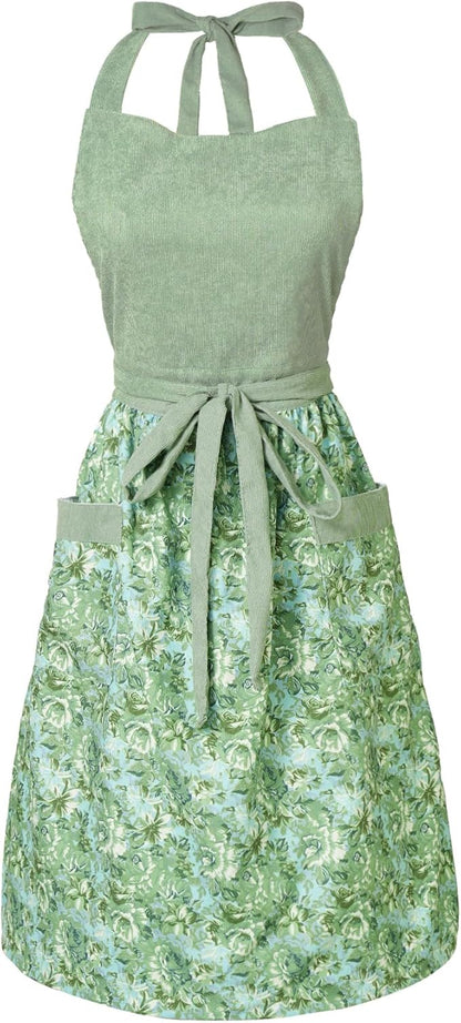 Cute Floral Aprons for Women with Pockets,Cotton Adjustable Neck Strap Apron for Kitchen Cooking Baking Gardening