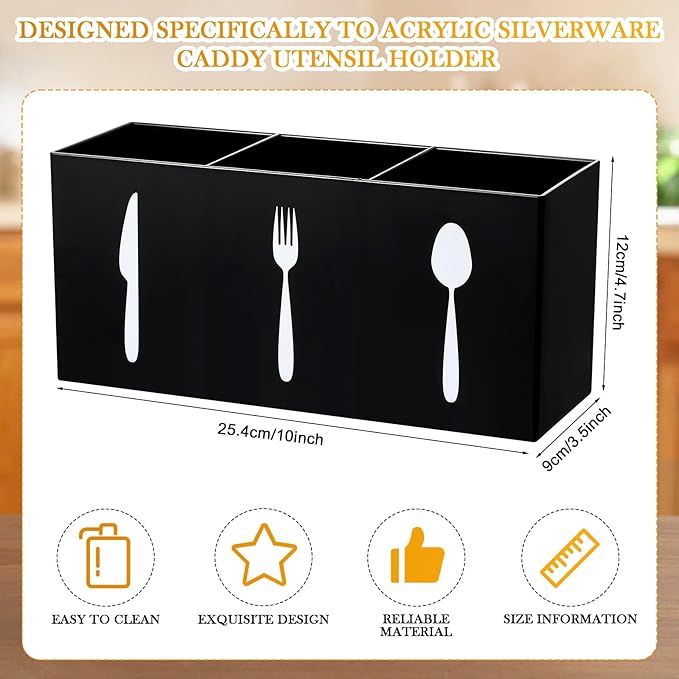 Suzile Acrylic Cutlery Storage Organizer Bin Silverware Caddy Countertop Knife Spoon and Fork Holder Kitchen 3 Section Tableware Storage Box for Cabinet Indoor Home Flatware Dining Room(Black,L) - Image 2