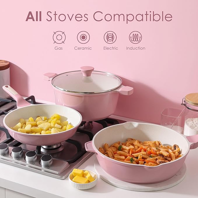 SENSARTE Nonstick Ceramic Cookware Set Large 13-Piece, Healthy Pots and Pans Set Dishwasher Safe, Non-toxic Kitchen Cooking Set with Stay-Cool Handles, Induction Compatible, PFAS Free, Pink - Image 4