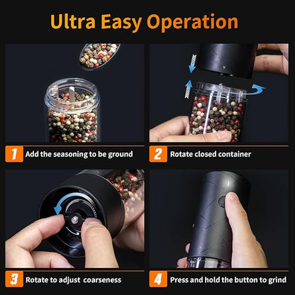 2Pack Electric Salt and Pepper Grinder Set USB Rechargeable with Warm LED Light, Adjustable Coarseness Lidaop Large Capacity Automatic Salt Pepper Mill Grinder for Kitchen, Black and White - Image 6