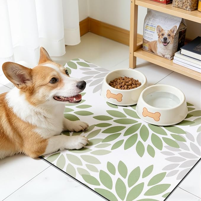 Findosom Floral Dish Drying Mat, 12" x 20" Super Absorbent & Hide Stain Coffee Mat, Cuttable Drying Mat for Kitchen Counter, Under Dish Rack, Coffee Maker, Espresso Machine, Sage Green