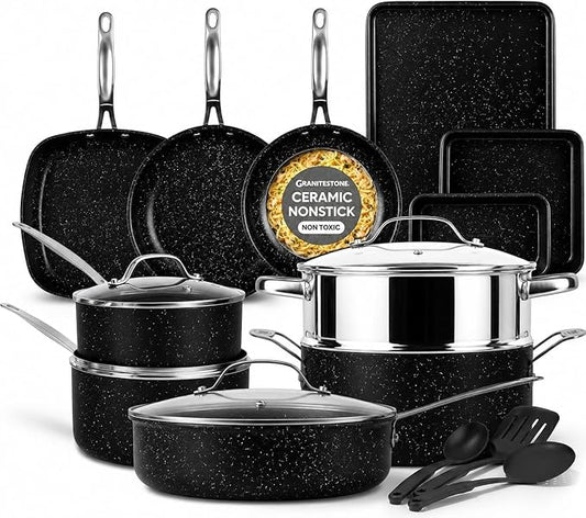 GRANITESTONE 20 Pc Complete Pots and Pans Set Non Stick Cookware Set with Saute Pan, Bakeware, Steamer, Cooking Utensils, Made Without PFOA PFOS, Oven and Dishwasher Safe