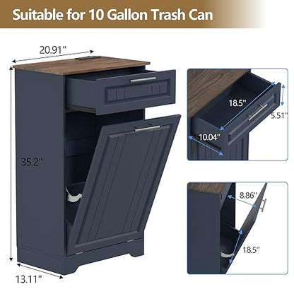 Single 10 Gallon Tilt Out Trash Can Cabinet with Deodorizing Function, Wooden Hidden Garbage Can Holder with Storage Drawers for Kitchen and Dining Room, Laundry Hamper Cabinet for Bathroom, Blue