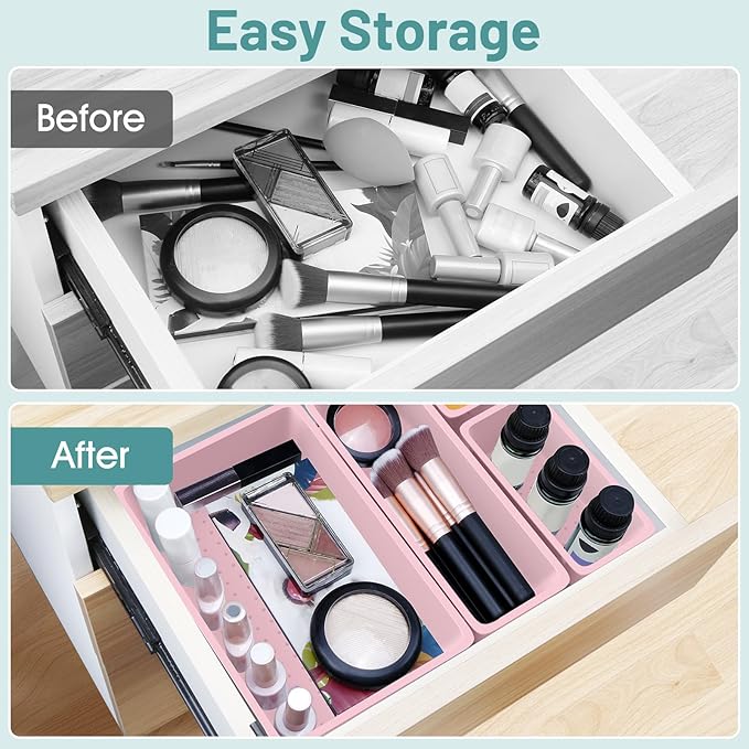 WOWBOX 25 PCS Plastic Drawer Organizer Set, 4 Sizes Desk Drawer Divider Organizers and Storage Bins for Makeup, Jewelry, Gadgets for Kitchen, Bedroom, Bathroom, Office, Pink - Image 4