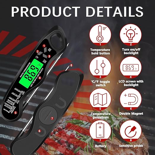 Meat Thermometer Digital，IP67 Waterproof Cooking Thermometer with Backlight, Calibration & Hold Function，Food Thermometer for Cooking,Outdoor Grilling - Image 3