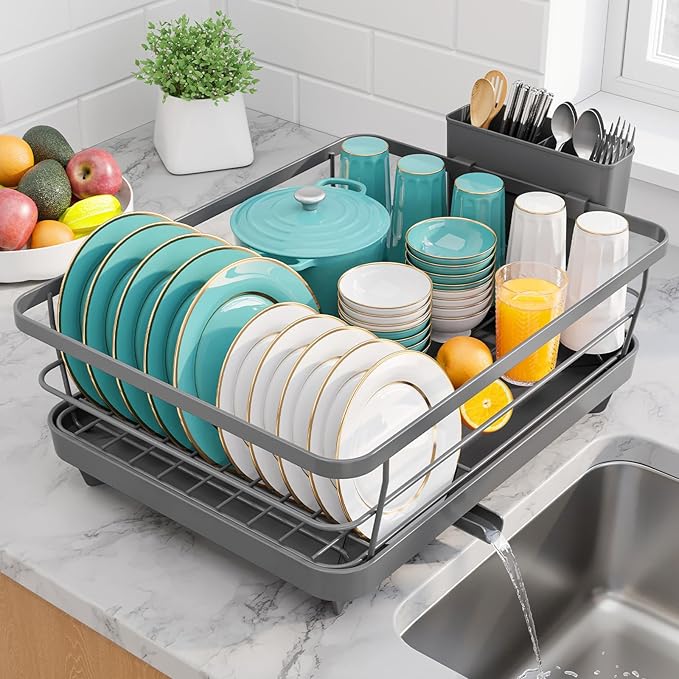 Sakugi Stainless Steel Dish Drying Rack for Kitchen Counter, Sink Organization and Storage Essentials with Silverware & Utensil Holder, Home and Apartment Decor, 12''W x 15.6''L, Gray by Sakugi
